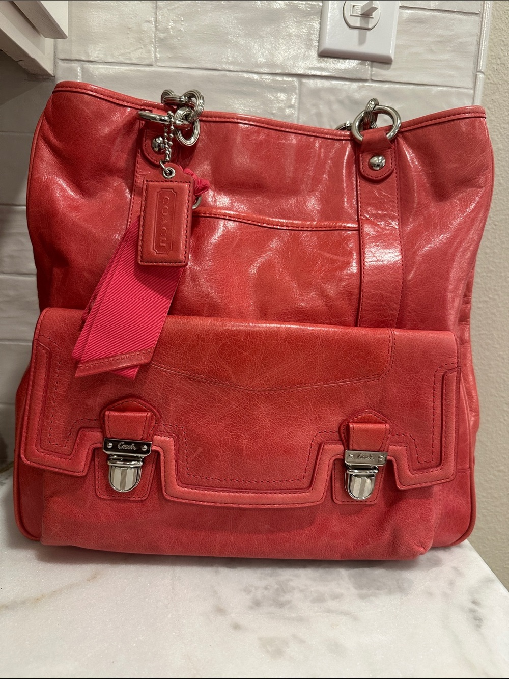 Coach Tote. Coral pink leather with Front Flap Pocket and Silver Hardware - Picture 2 of 13